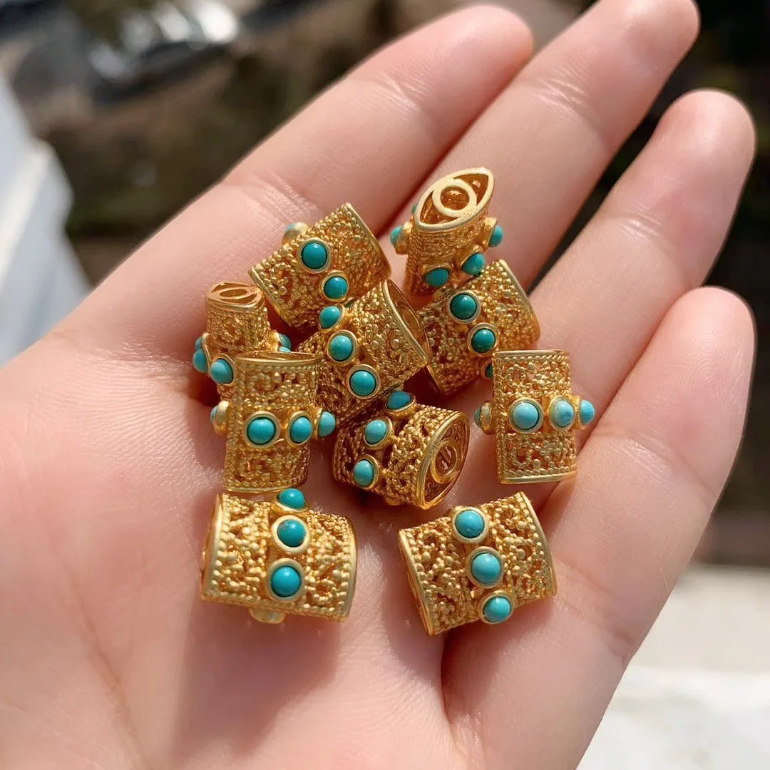 

5PCS 925 sterling silver gold plated inlaid turquoise southern red agate flat bucket beads for DIY bracelet necklace jewelry