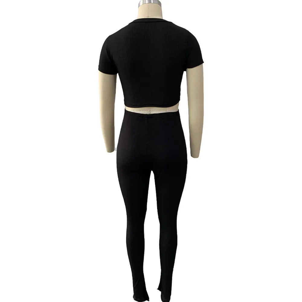 

Solid Ruched Drawstring Body-shaping Two Piece Pant Sets Summer Women Short Sleeve Crop Top and Stretchy Legging Co-ord Suits