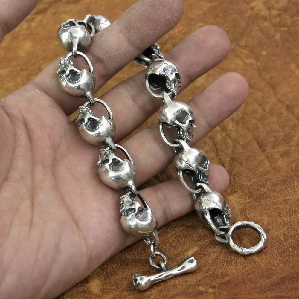 Большие детали черепа цепь 925 пробы Серебряный Мужской Байкерский панк браслет