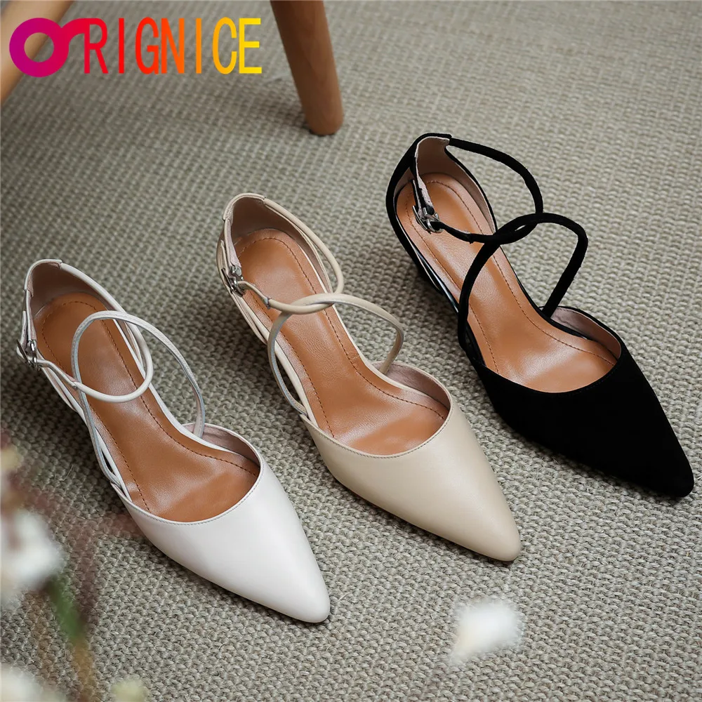 

Orignice Fashion Ankle Wrap Women Genuine Leather Pumps D’Orsay&Two-Piece Thick Heels Pointed Toe Buckle Strap Dress Party Shoes