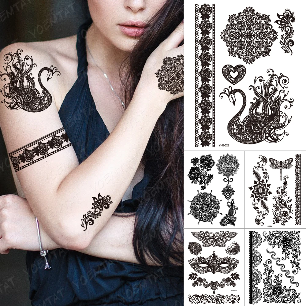 

Black White Indian Tribal Bride Henna Mandala Temporary waterproof Tattoo Sticker Lotus Mehndi Lace Fake Body Art For Women