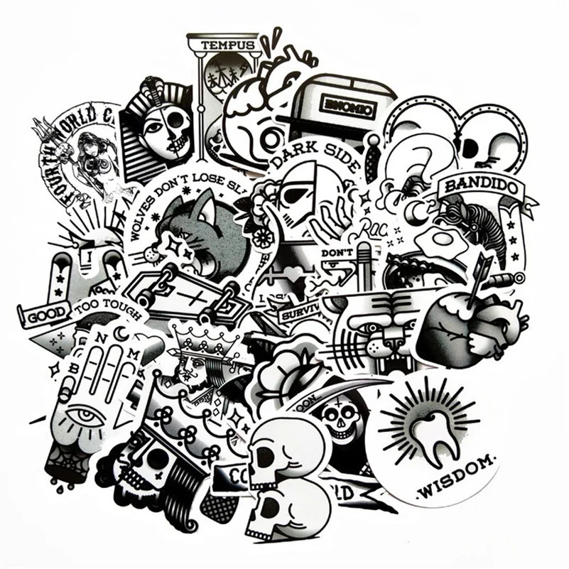 

10/30/50 Cartoon Black and White Graffiti Retro Pharaoh Skull Waterproof Guitar Refrigerator Stickers Decorative Toys Wholesale