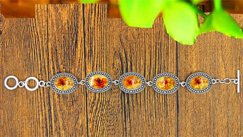 Oval Resin Flower Bead Necklace Earrings Bracelet Jewelry Set Vintage Look Antique Silver Plated Fashion Jewelry