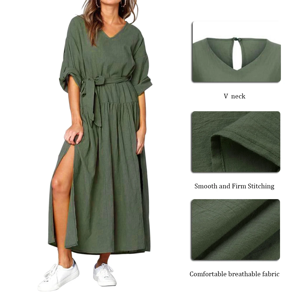 Women Long Sleeve Dress Side Split Vintage V Neck With Sashes Vestidos De Festa Loose Long Fashion Femme Slit Ladies Shirt Dress