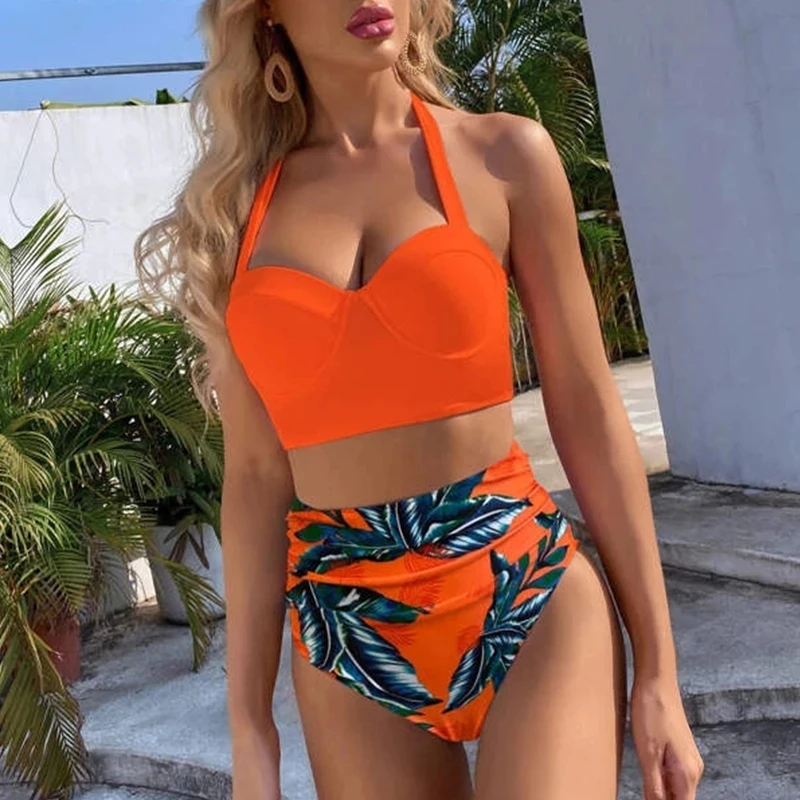 

Sexy High Waist Print Women Bikini Swimsuit 2021 Summer Female Bandage Swimwear Bikini Set Push Up Summer Halter Beachwear Suits