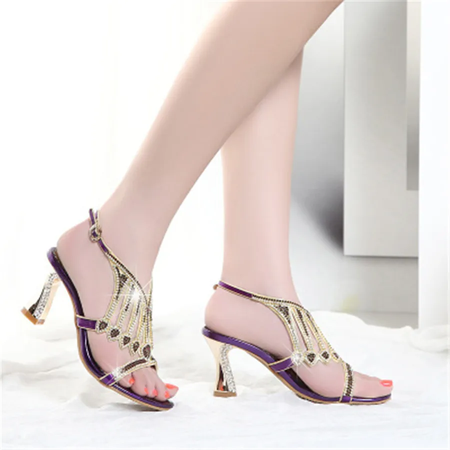 

2021 New Genuine Leather Women Sandals Wedding Shoes Woman Lady Shoes A049 Square Rhinestone Heels Summer Party High