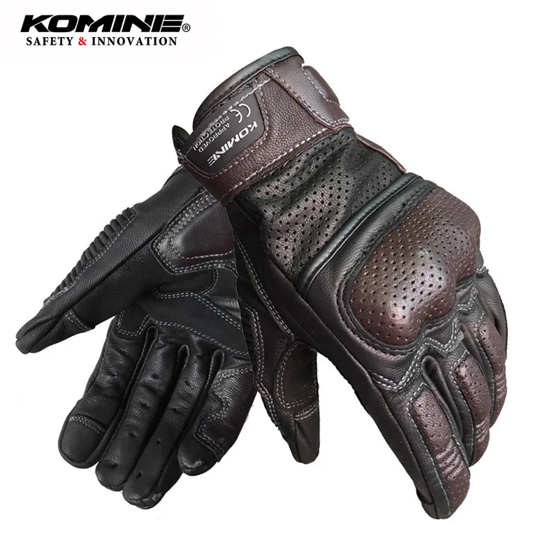 

KOMINE Retro Brown Motorcycle Gloves Leather Men's Motocross Racing Gloves Goatskin Protective Gear Moto Biker Gloves