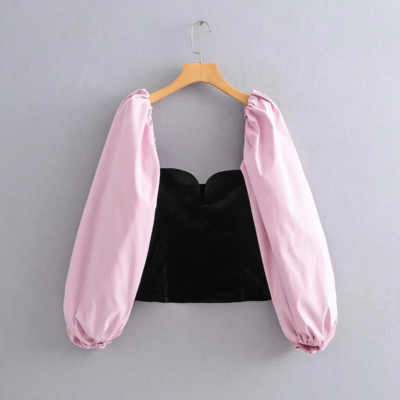 

Hikigawa Blouses Autumn High Street Fashion Elegant Sexy All-match Women's Shirt Contrast Color Patchwork Velvet Blusas Tops