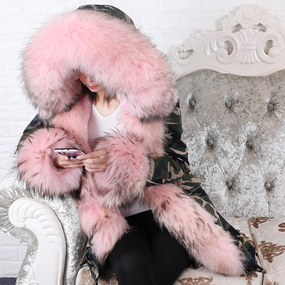 MAOMAOKONG winter women long  coats with Pink real fur coat  natural raccoon fur collar long parkas warm jacket women