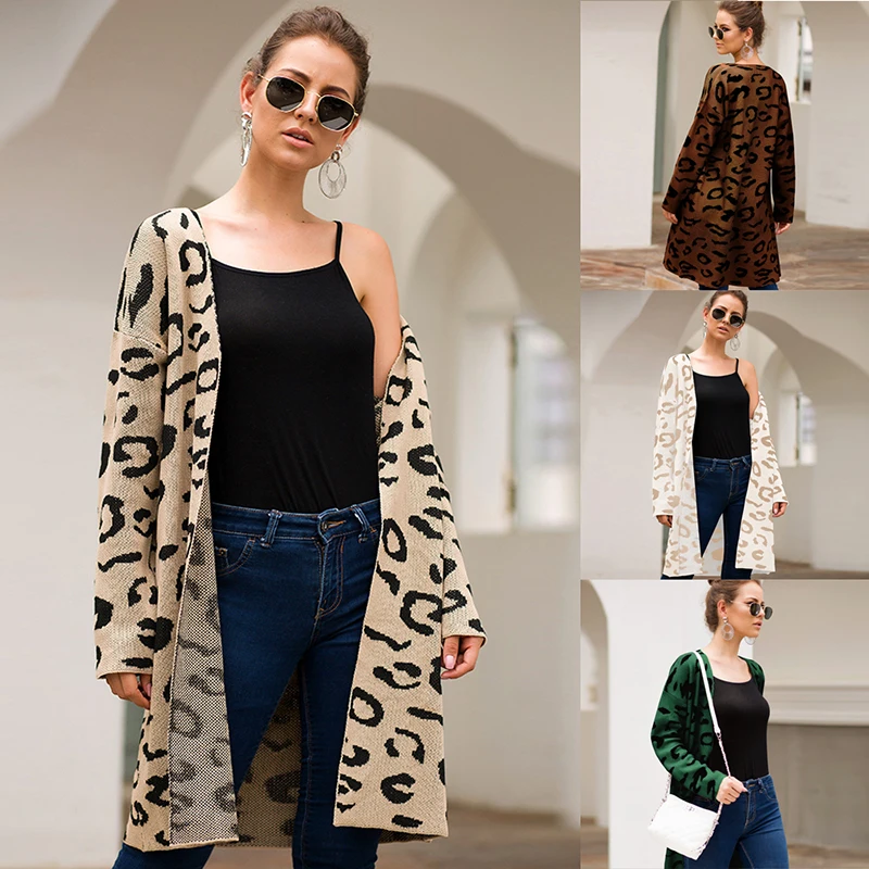 

Autumn Winter Knitted Women's Sweaters Leopard Print Long Sleeve Loose Knitwear Warm Comfortable Outerwear for Female