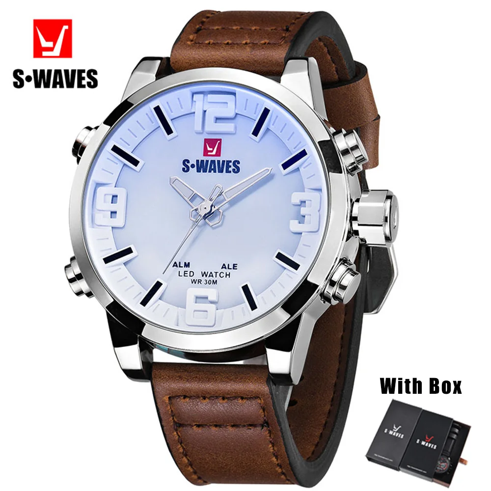 Мужские наручные часы SWAVES светодиодный водонепроницаемый кожаный ремешок в