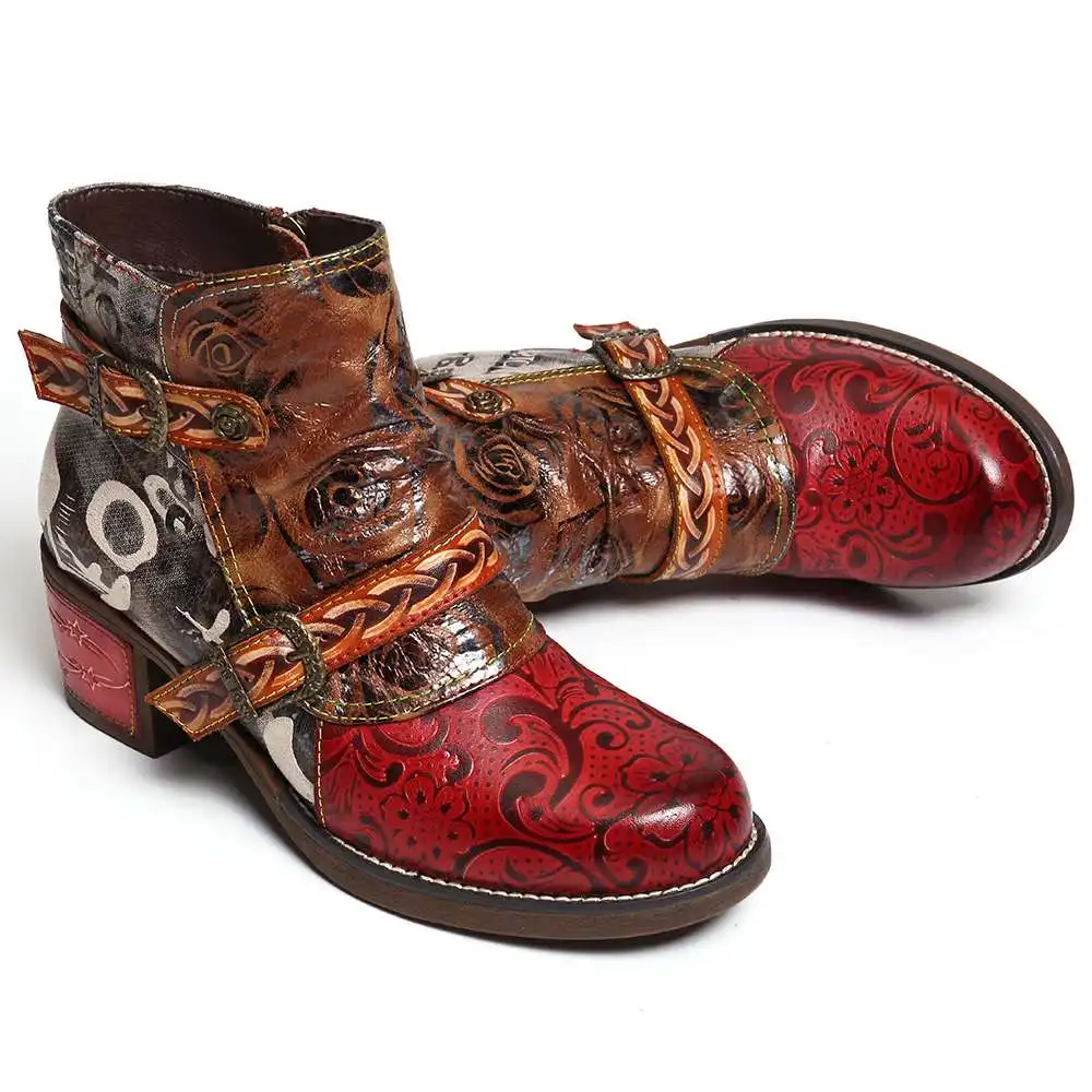 

Embossed Boots Rose Genuine Leather Splicing Low Heel Ankle Boots Elegant Ladies Shoes Women Shoes Botas Mujer 2020