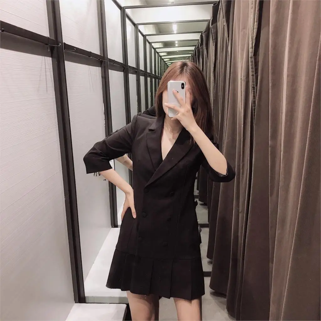 Новинка осени 2019 женское платье с воланами и Пятым рукавом двубортное воротником