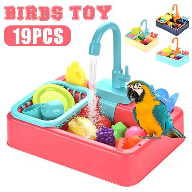 

19PCS Bird Toys Parrot Automatic Bird Bath Tub with Faucet Pet Parrots Fountains SPA Pool Cleaning Tool Kitchen Sink Birds Toy