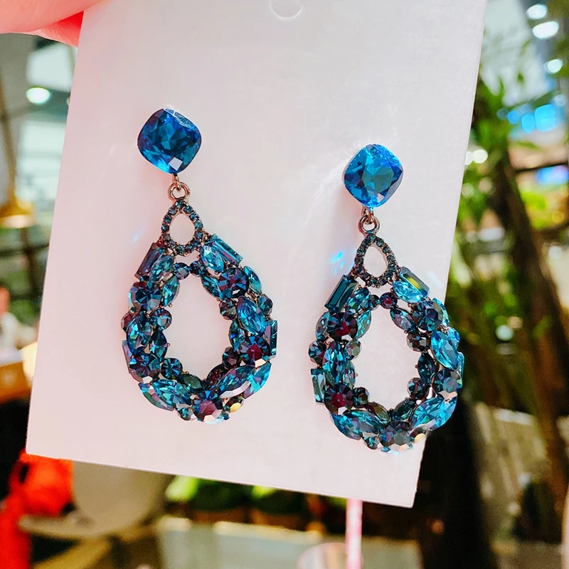 

MENGJIQIAO New Korean Vintage Fashion Blue Waterdrop Crystal Drop Earrings For Women Lady Pendientes Holiday Party Jewelry
