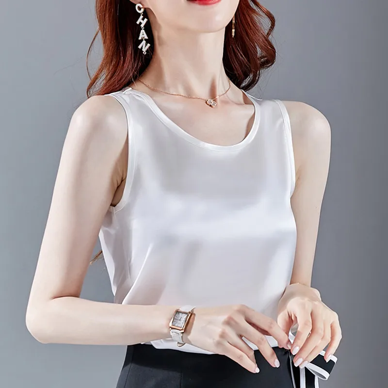 Корейский Шелковый женский топ Женская атласная майка без рукавов Женский
