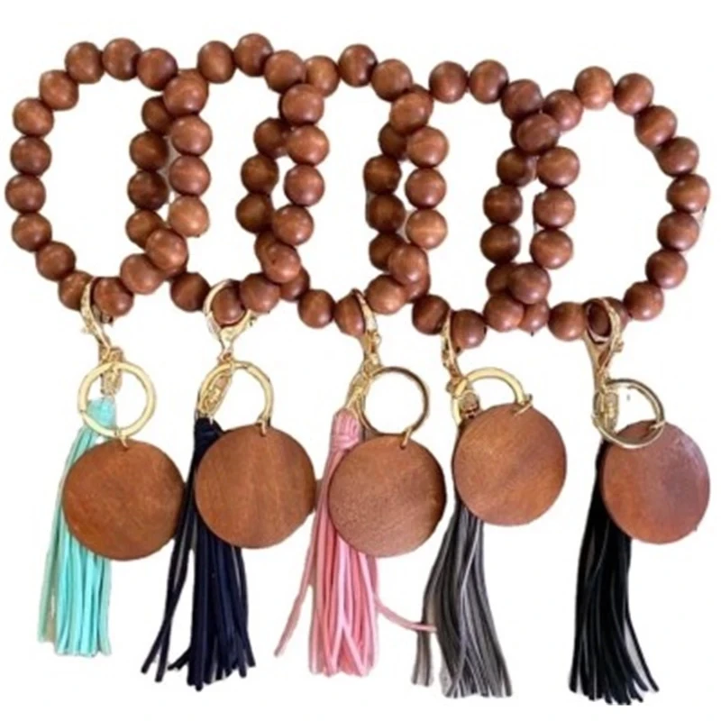 

Makersland Wood Beads Keychain Bracelet Tassel Wristlet Bracelet Pendant Keyring For Women Round Wood Beads Keychain Charms 2022