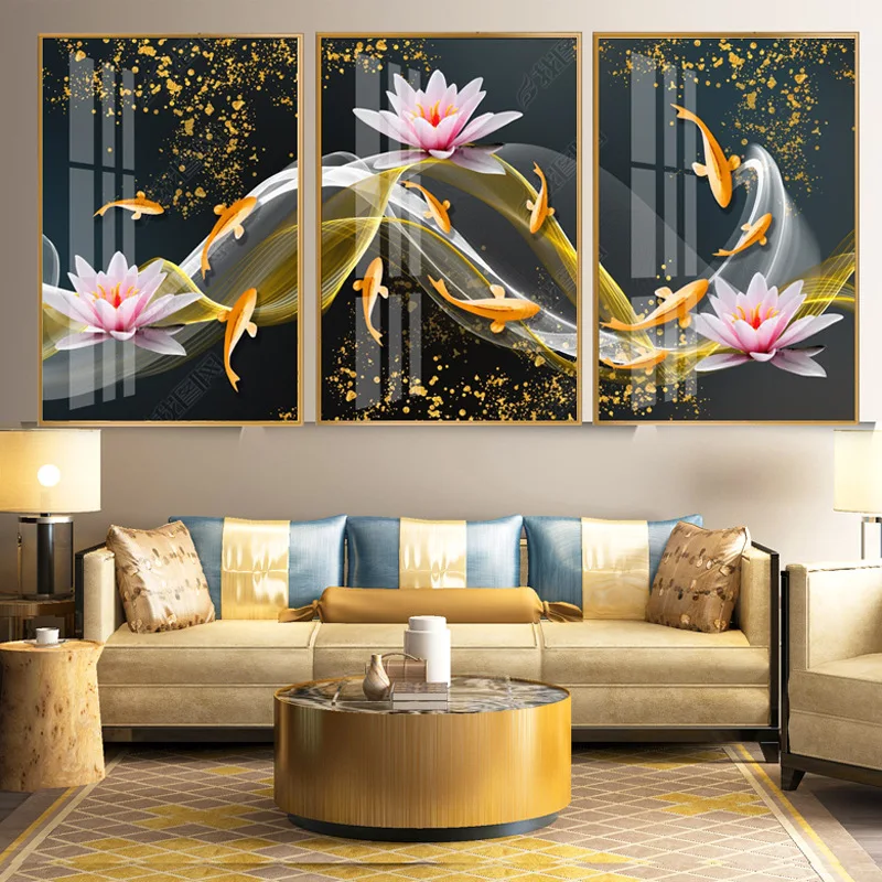 Diy 5D Diamond Embroidery Mosaic Painting Cross Stitch,Full Gold Swimming Fishes Among Lotus Three-Pictures Home Decorative Gift
