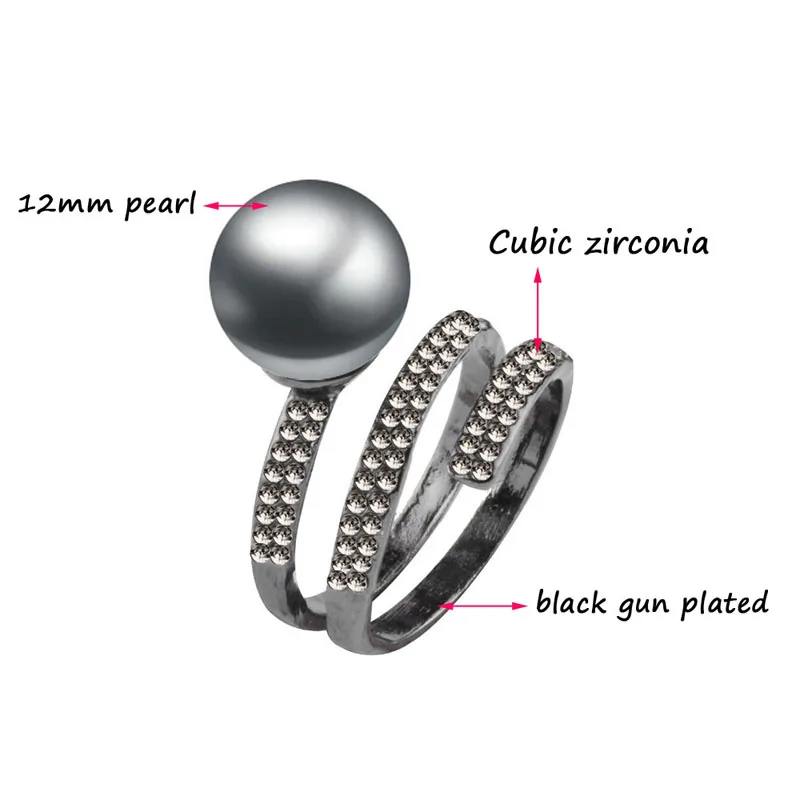 Женское кольцо с искусственным серым жемчугом LEEKER черное в стиле ретро 12 мм 558