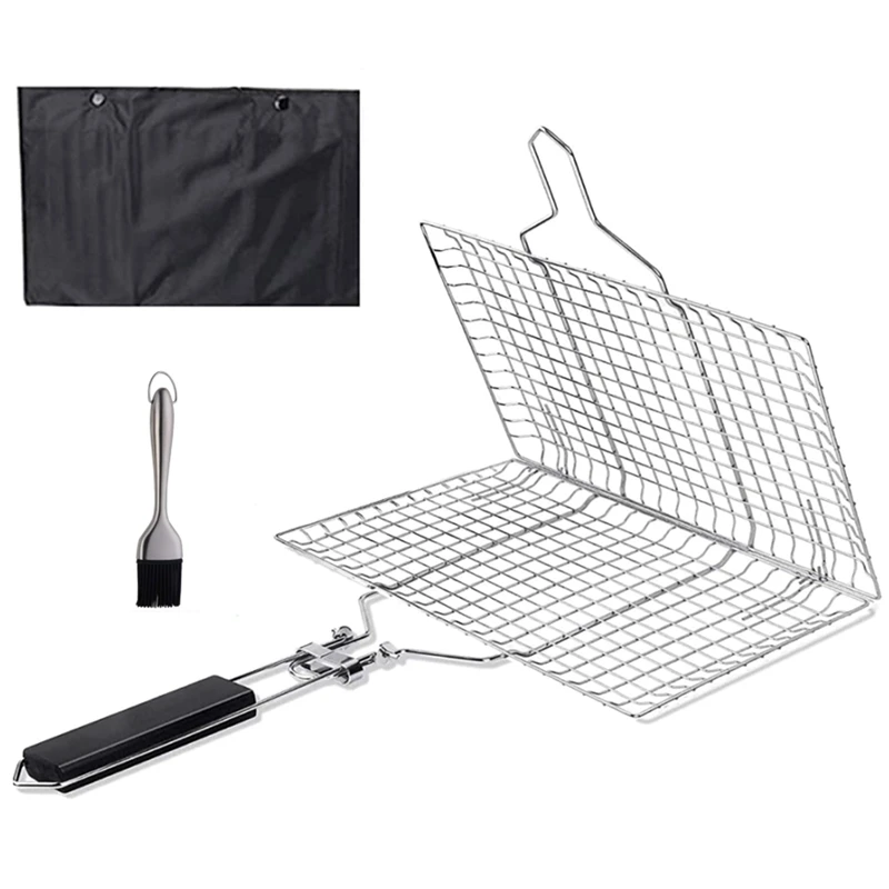 Barbecue Grilling Basket Portable Stainless Steel Grill Folding BBQ Net Accessories with Wooden Handle |