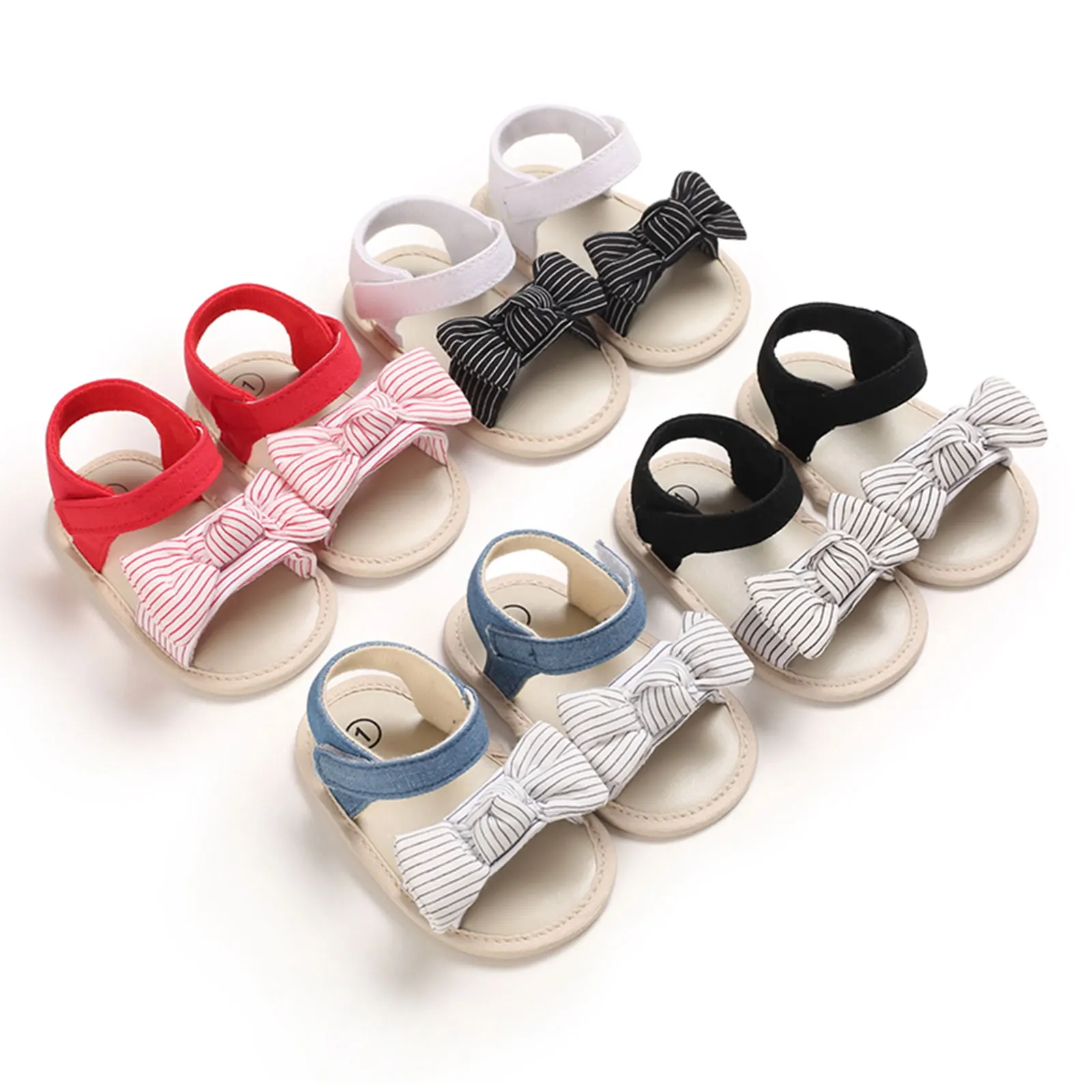 

Summer Baby Girls Striped Bownot Sandals Soft Sole Non-Slip Open Toe Flat Shoes Infant Pre-Walkers