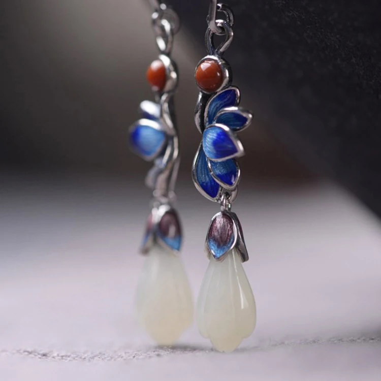

S925 Silver Vintage Women's Fashion Vintage Cloisonne Lotus Hetian Magnolia Thai Silver Earrings