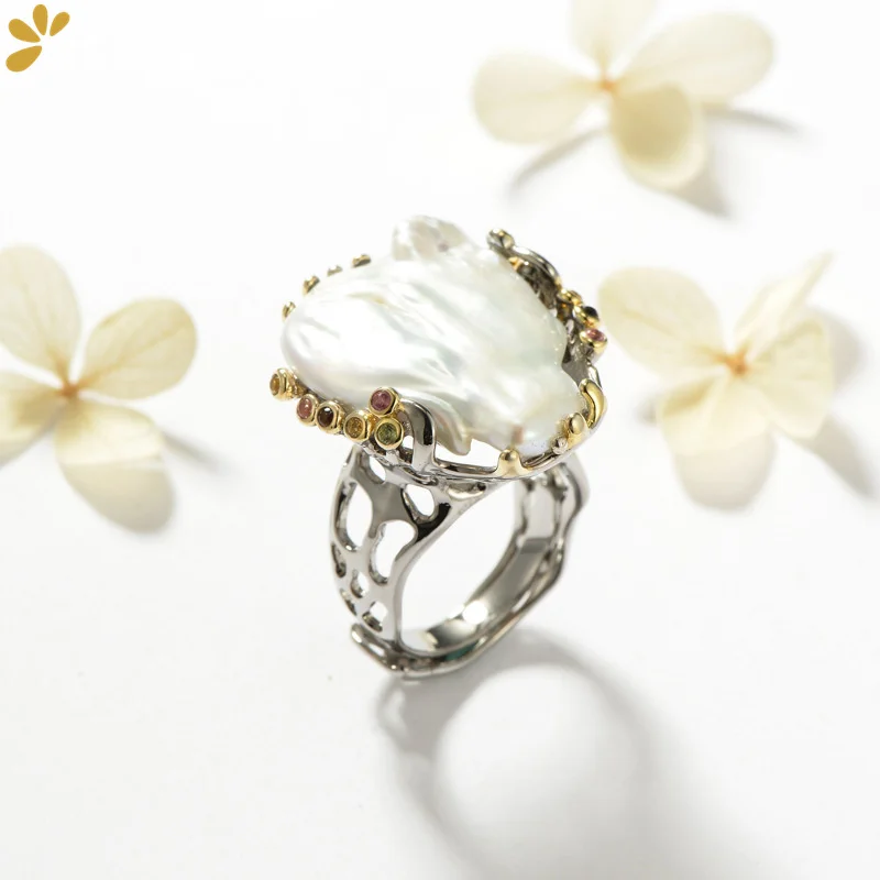 

GEEZENCA роскошное женское широкое кольцо из серебра пробы с натуральным барочным жемчугом, модное большое необычное Открытое кольцо