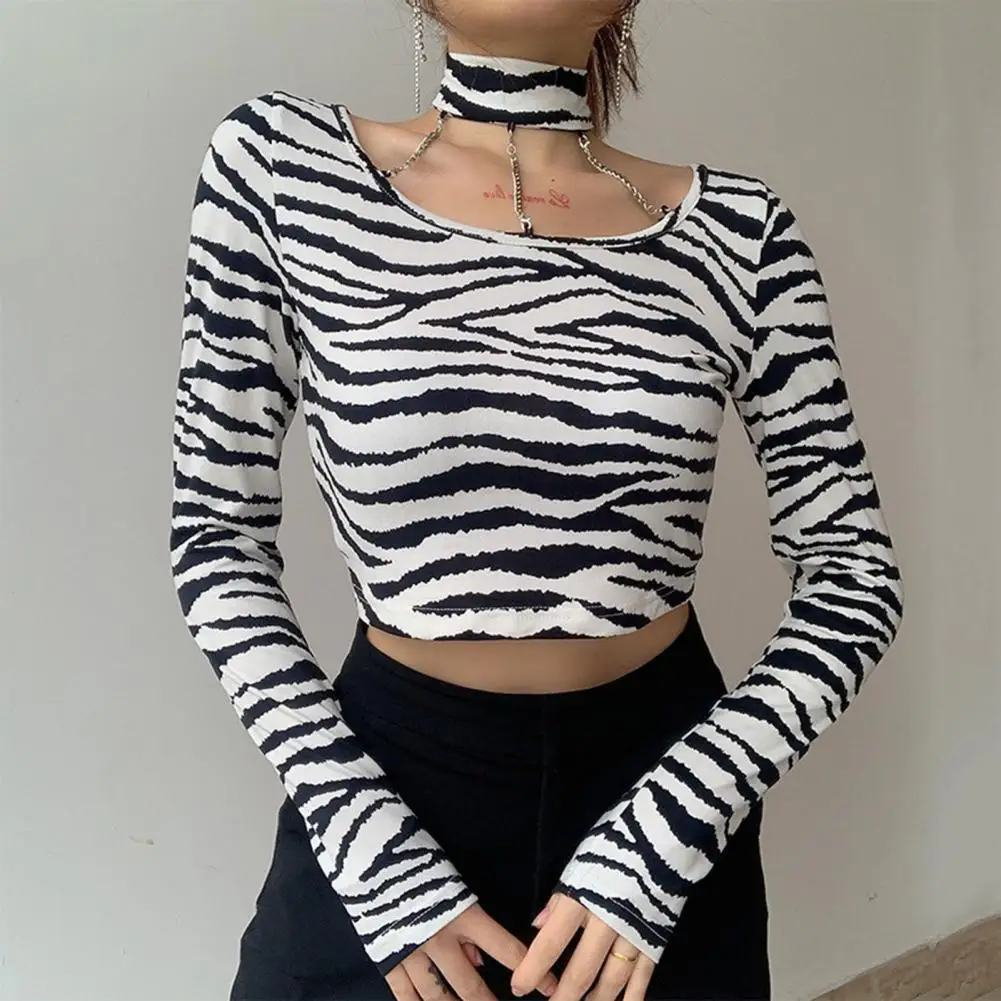 

Women T-Shirts Sexy Long Sleeve Round Neck Chain Choker Zebra Print Slim T-shirt Crop Top camisetas de mujer футболка женский