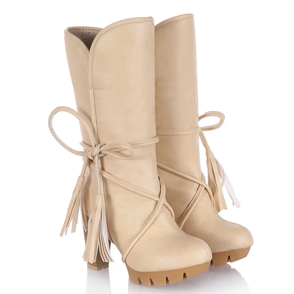 Женские зимние сапоги на высоком каблуке теплая плюшевая зимняя обувь с бантом