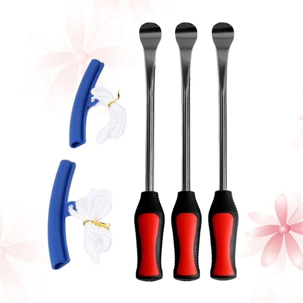 

5 in 1 Tire Changing Set Tire Spoon Lever Tools Rim Protector Sheaths (3 Grey Tire Spoon and 2 Beige Protectors)