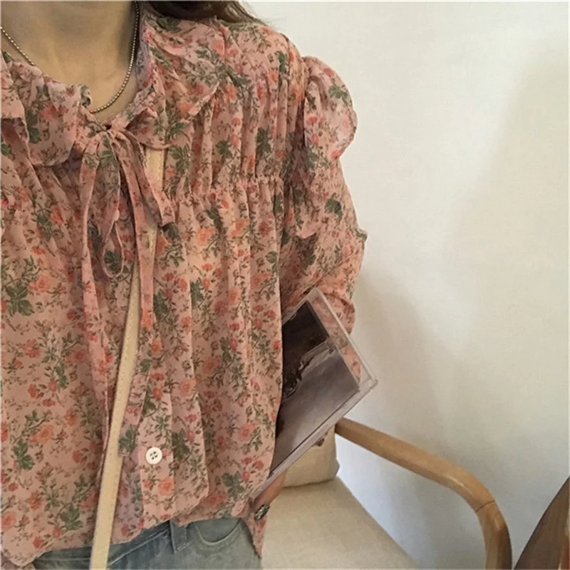 

Blouses Women Thin Chiffon Breathable All-match Printed Korean Style Lovely Students Long Sleeve Shirts Cute Trendy Summer Daily