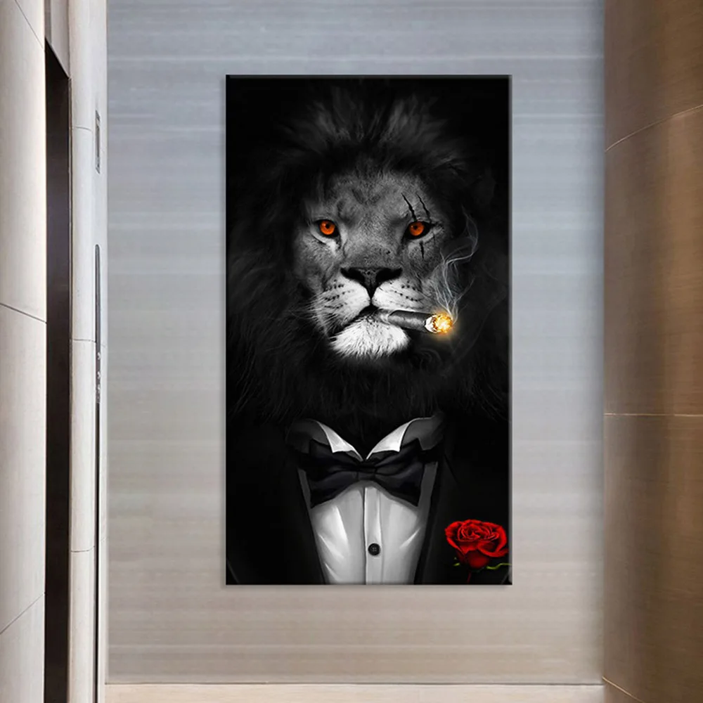 Курение лев рисунок на холсте Бизнес костюм в джентльменском стиле принт с
