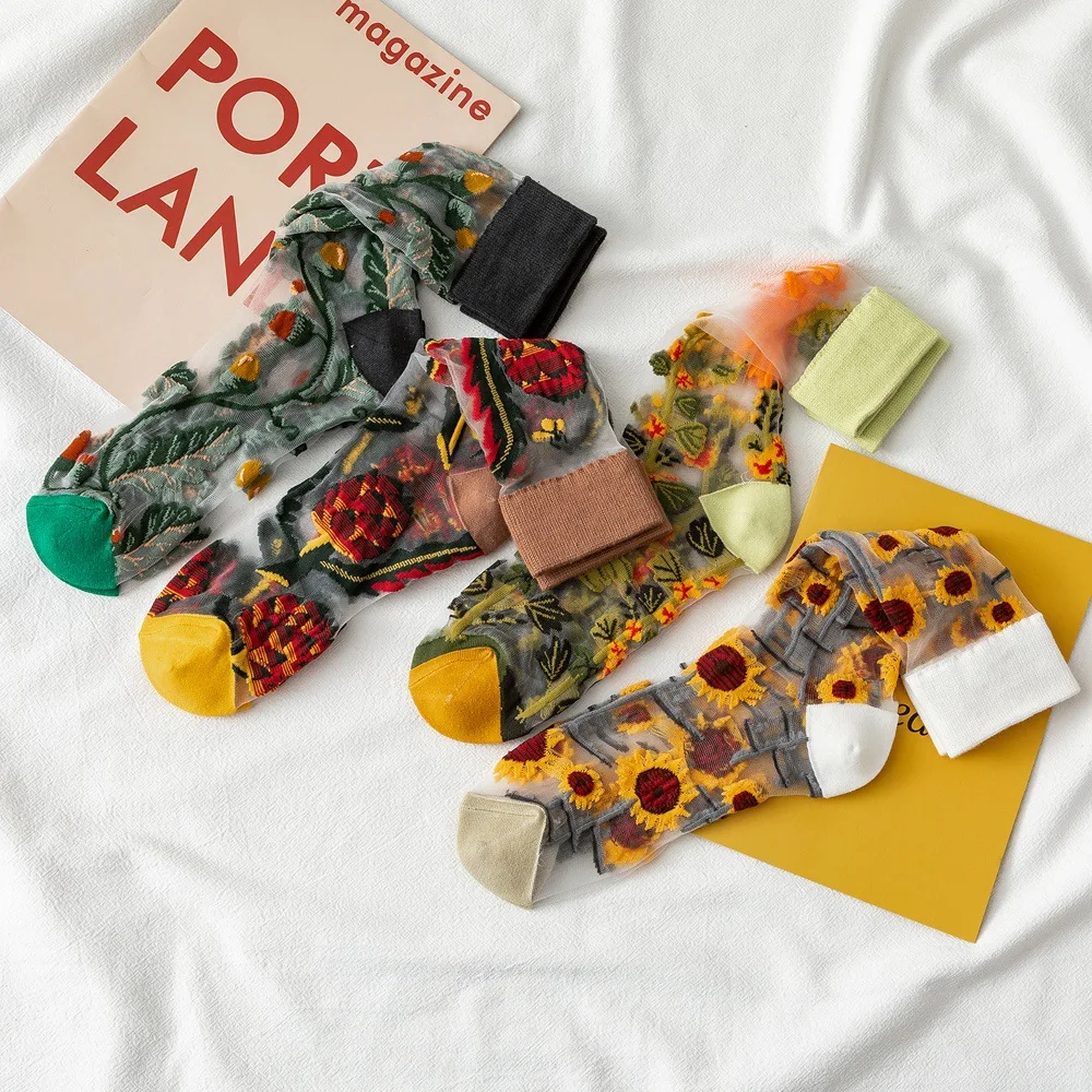 Цветные женские носки с цветочным принтом тонкие Дышащие Короткие шелковые