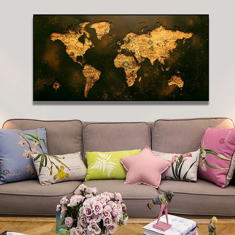 

Black Gold World Map Picture Canvas Painting Modern Classic Style Wall Art Abstract Mural Decor for Living Room Cuadros Unframed