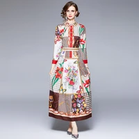 fashion design runway dress 2021 autumn womens long sleeve checked floral print casual elegant red long maxi dress ankle length