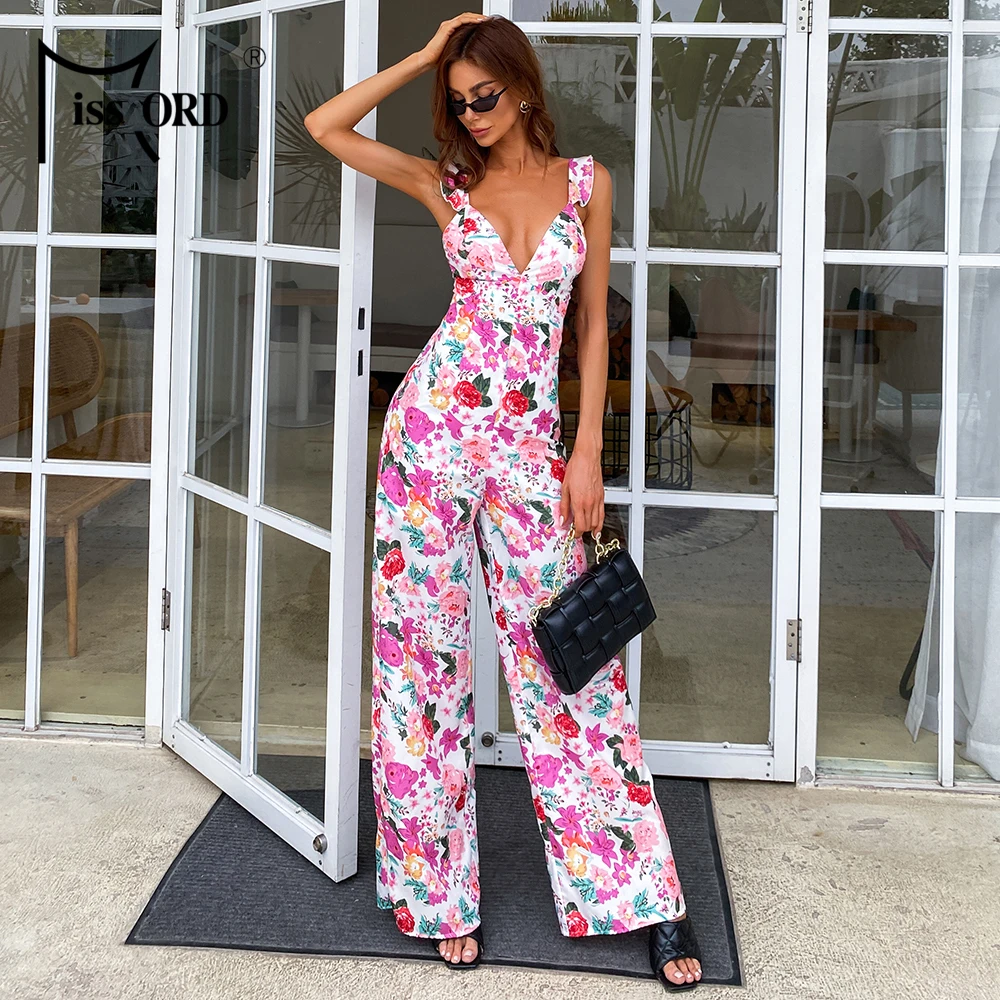 

Missord 2021 Summer Female jumpsuit Women Floral Print Backless Spaghetti Strap Off Shoulder Sexy Outfits Beach Sleeveless