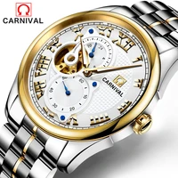 carnival brand fashion gold automatic business watch men luxury mechanical wristwatch waterproof hollow casual relogio masculino