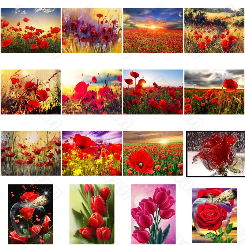 

Diy Diamond Decoration Painting Red Flower and Tulip Garden Square Diamond Round Diamond Customizable Wall Art Decoration