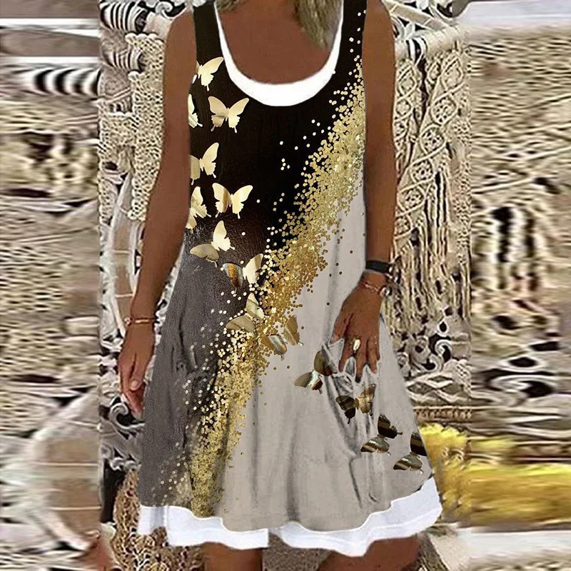 

Women Summer Casual Denim Printing Sleeveless Dress 2022 Ladies Elegant O Neck Loose Mini Dress Streetwear Retro Dress Vestidos