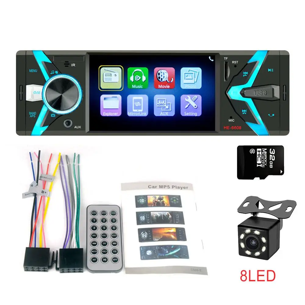 32G and 8 LED Автомагнитола 1din FM 4," автомобильный аудио стерео Bluetooth Aux Входной приемник SD USB Поддержка камеры заднего вида управление рулевым колесом - Цвет: 32G and 8 LED