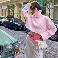 ladies loose fashion high neck long sleeve woolen base short pullover sweater 2021 womens autumn and winter new street wear