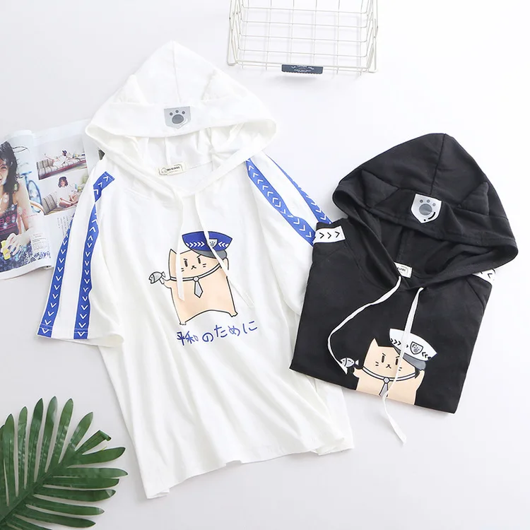 

Harajuku Women T Shirts Japanese Style Kawaii Cat Policeman Print Hooded T-shirt Mori Girls Casual Half Sleeve Funny Tops Tees