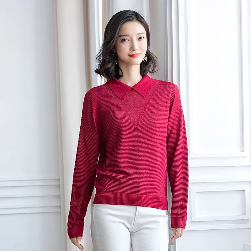 

Autumn Office Lady Knitted Turn-down Collar 3 Solid Color Sweater Fashion Size S-2xl Women Pullover Jl-aym1937