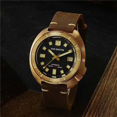 full luminous black San Martin, новинка 6105, часы для дайвинга с бронзовым тунцом, Водонепроницаемость 200 м, Акула, кожаный ремешок, Мужские автоматические наручные часы для мужчин - Цвет: full luminous black