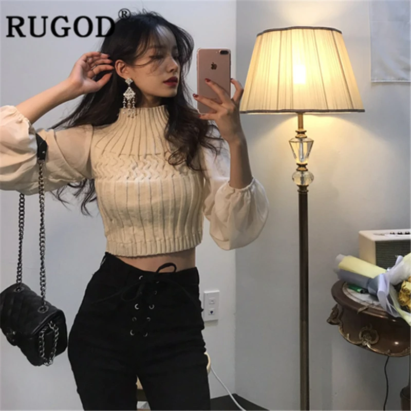 apricot RUGOD женский свитер в стиле пэчворк и шифоновый пуловер водолазки рукав фонарик рукав Высокая талия тонкий трикотажный топ Новая мода femme ins - Цвет: apricot