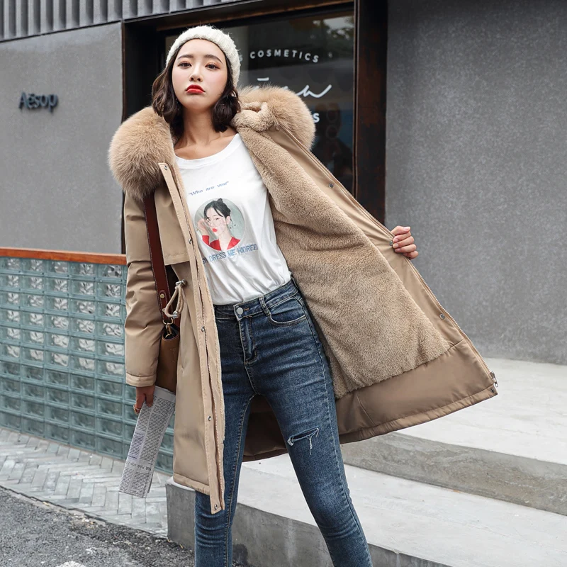

Autumn Winter Ladies Fleece Parka Adjustable Waist Fur Collar Jacket Women Medium Long Hooded Coat