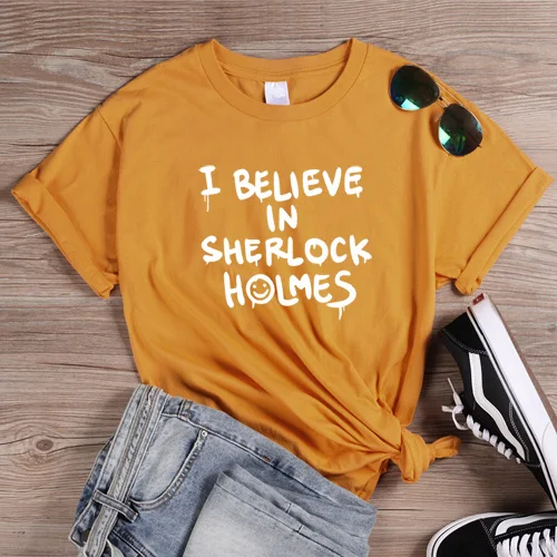 Yellow-W Футболки в стиле панк с буквенным принтом, футболка с надписью «I Believe In Sherlock Holmes», женские футболки в стиле Харадзюку, топы на Хэллоуин - Цвет: Yellow-W