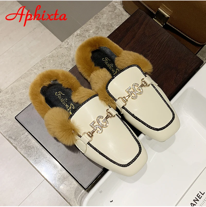Aphixta/тапочки на Плоском Каблуке; женская обувь; Роскошные шлепанцы на меху со змеиным принтом и металлическими украшениями; женская теплая обувь; Mujer