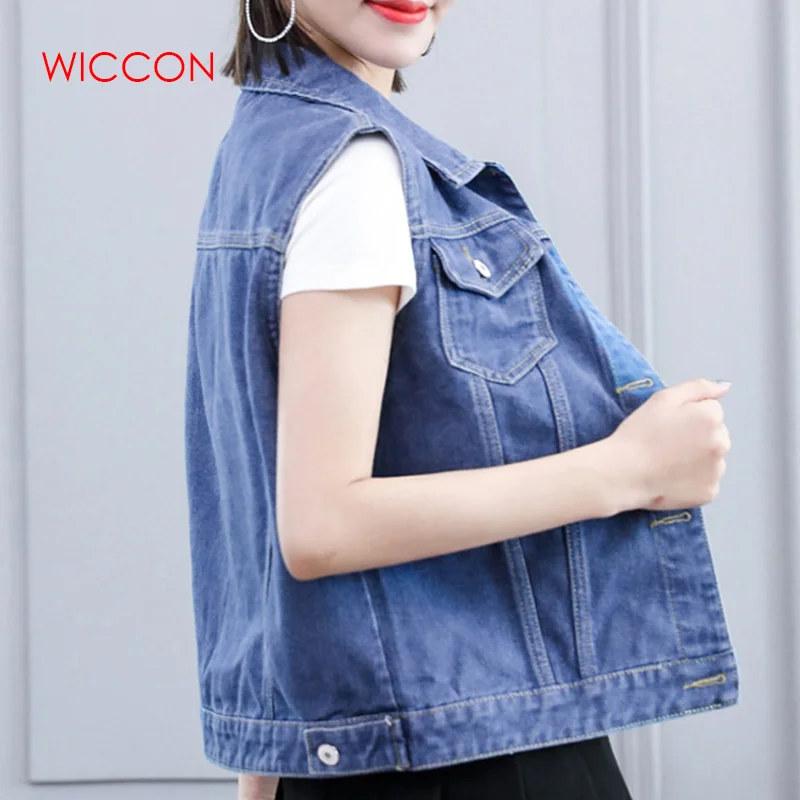 Женский укороченный джинсовый жилет красно синяя Базовая джинсовая куртка без