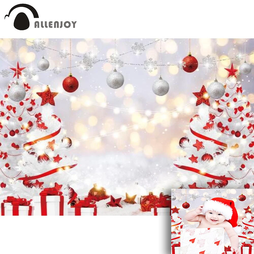 

Allenjoy Christmas Party Winter Background Glitter Banner Trees Snow Scenery Dots Bells Stars Gifts Props Photophone Backdrop